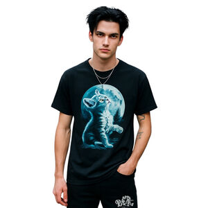 Kitten Full Moon T-Shirt Mens L Black Cat Graphic Print Casual Summer Everyday